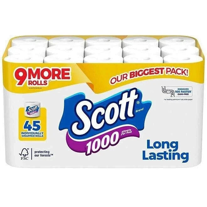 1-Ply Toilet Paper 45 rolls, 1,000 sheets/ roll Free Shipping