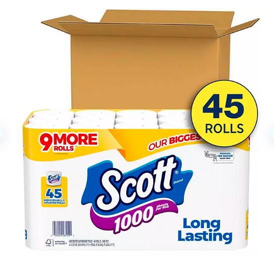 1-Ply Toilet Paper 45 rolls, 1,000 sheets/ roll Free Shipping